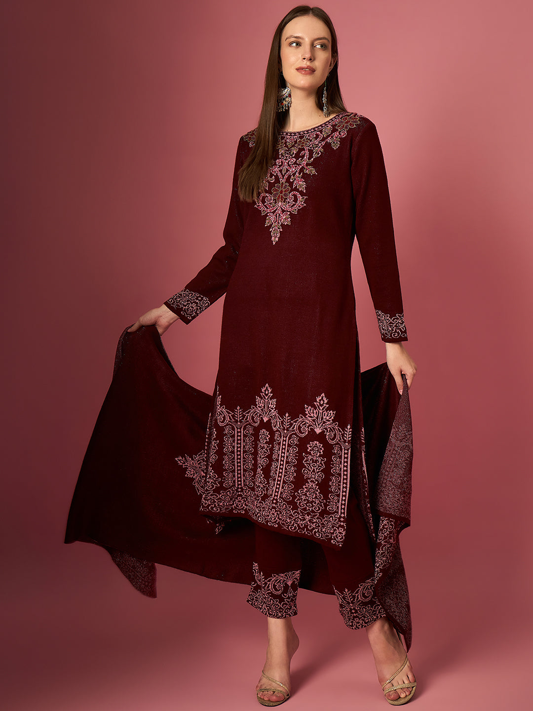 Clapton Embroidered Straight Kurta Pant With Dupatta Set Maroon