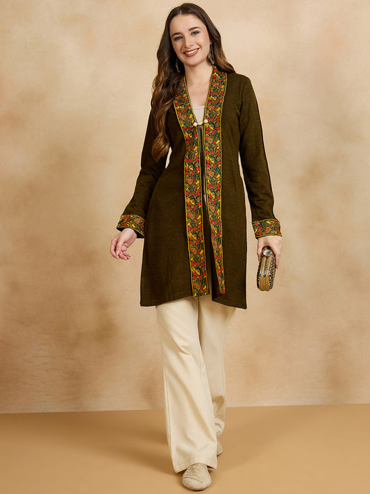 Women's Dark Green Embroidered Sleeves, Floral Pattern, Winter Wear, Open Neck Shrug