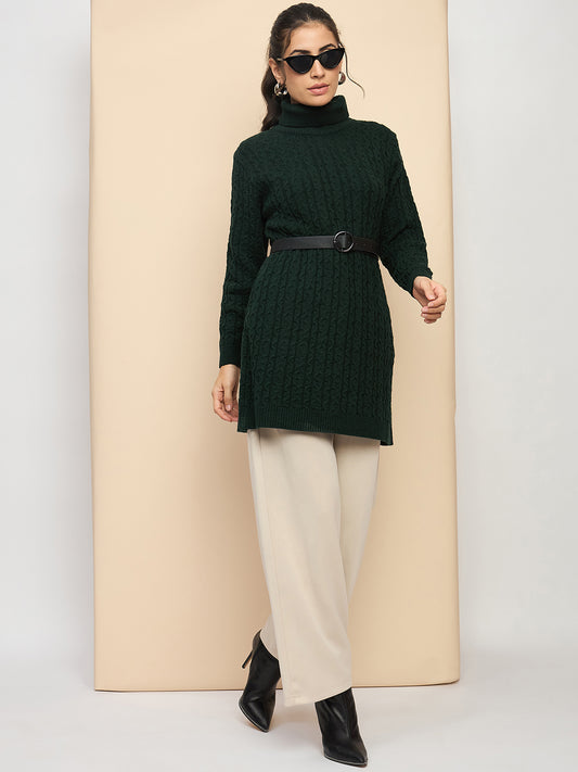 Clapton High Neck Cable Knitted Woolen Dress Green