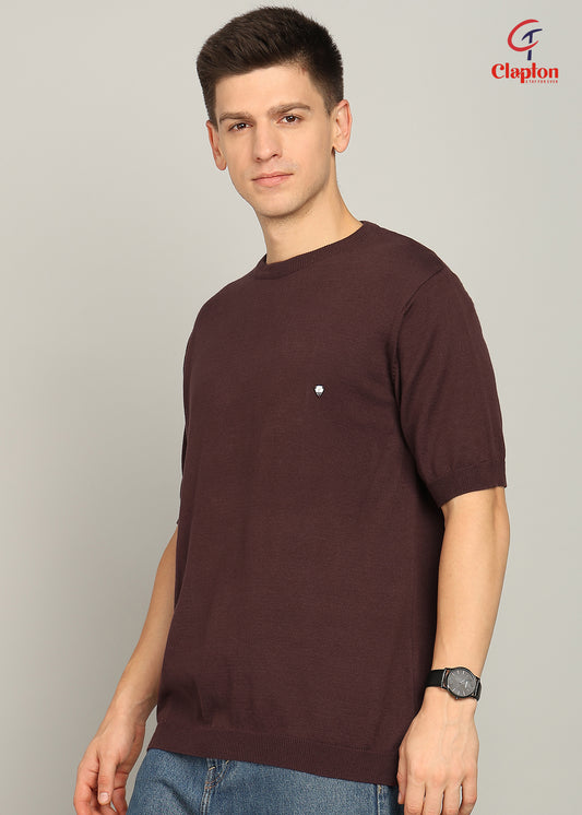 Clapton Men Knitted Cotton Summer Wear Round Neck Half Sleeve T-Shirt Mahroon