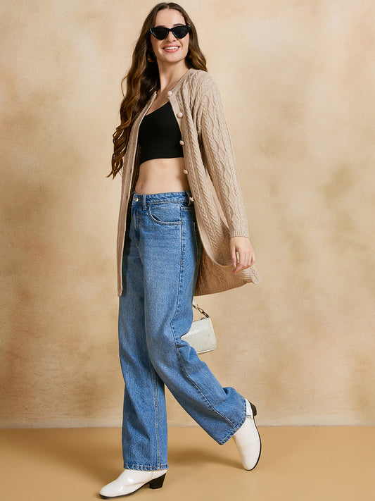 Clapton Cable Knit Design Woolen Longline Cardigan Sweater for women and Girls BEIGE