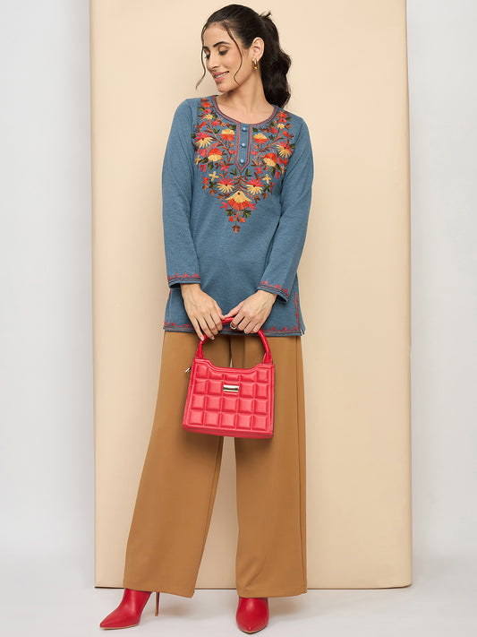 Women's Kurti with Multicolor Floral Embroidery, Long Sleeves,winter wear Sky