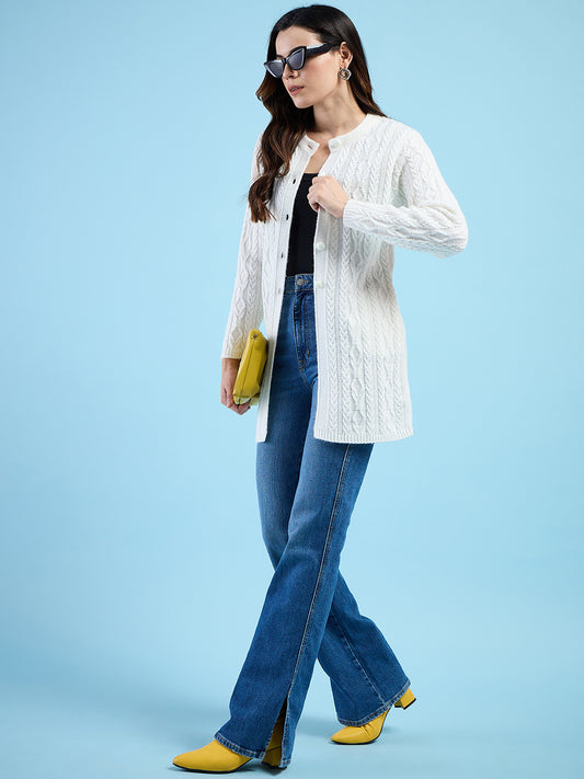 Clapton Cable Knit Design Woolen Longline Cardigan Sweater for women and Girls White