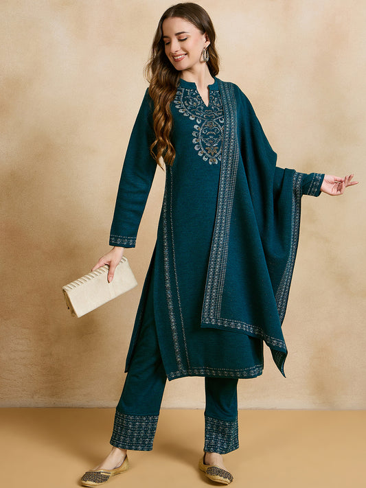 Clapton Embroidered Straight Kurta Pant With Dupatta Set Green