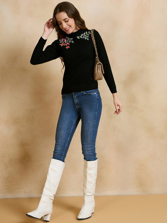 Floral Embroidered Array work Pullover Sweater for women Black