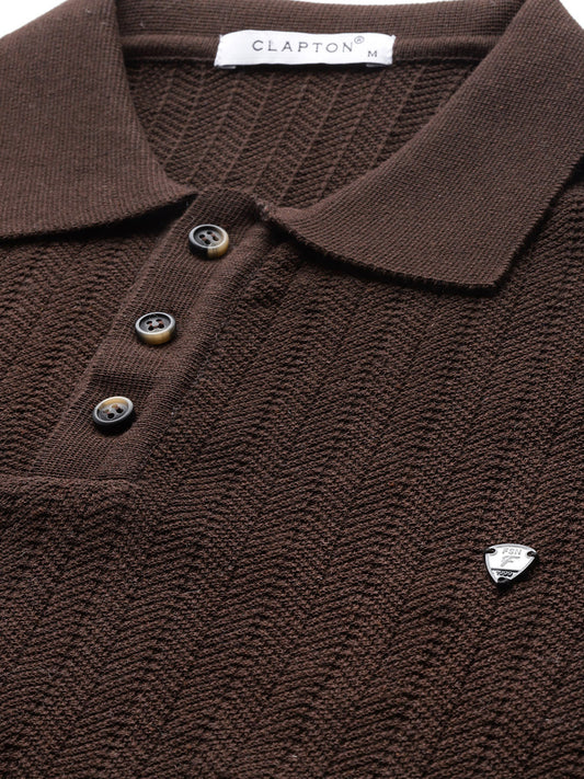CLAPTON Men Knitted Textured Polo Collar T shirt Coffee
