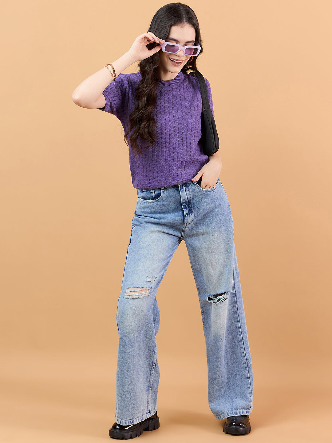clapton Women Self knitted cotton Design T-shirt Purple Mauve