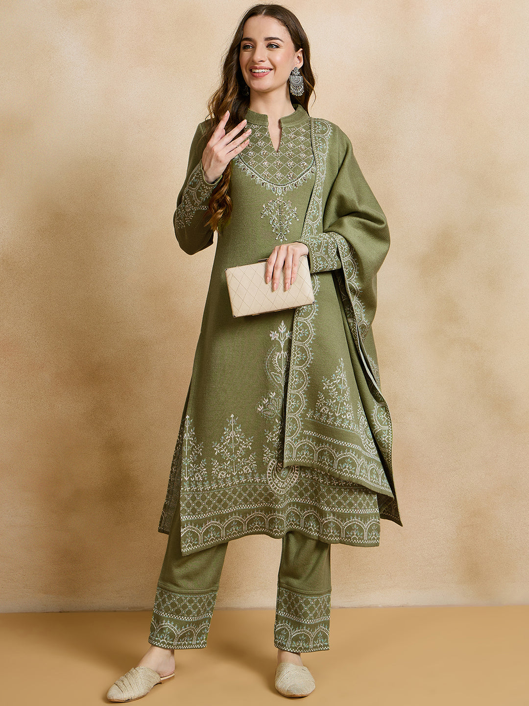 Clapton Embroidered Straight Kurta Pant With Dupatta Set Green