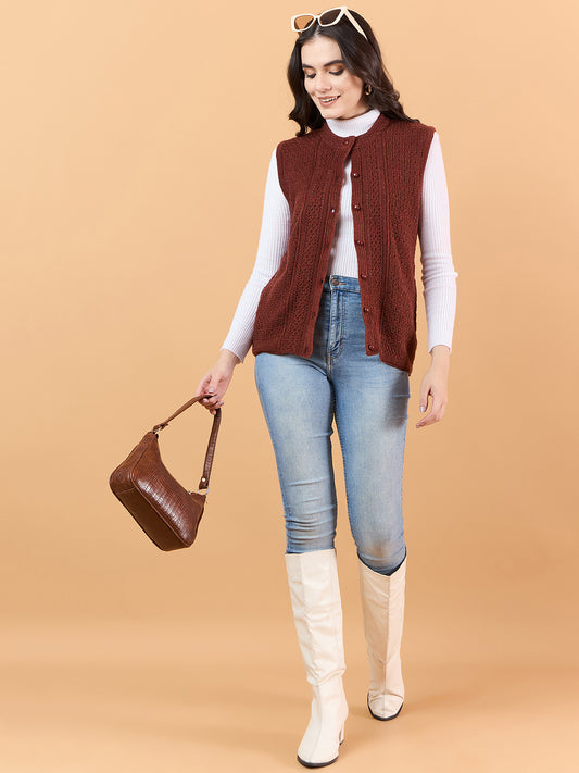 Brown Clapton Women's Round Neck Sleeveless Sweater