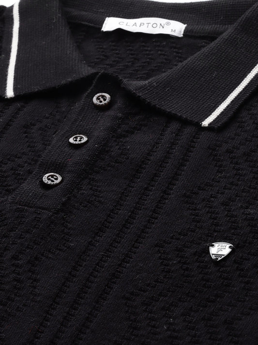 CLAPTON Men Knitted Textured Polo Collar T-shirt black
