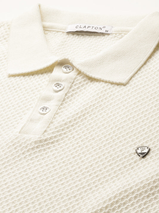 CLAPTON Men Knitted Textured Polo Collar T shirt White