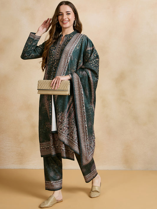 Clapton Printed Work Straight Kurta Pant With Dupatta Set Green