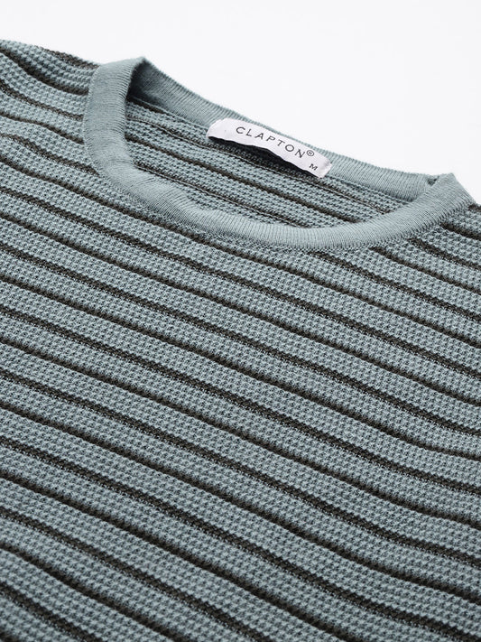 Women Knitted T-Shirt ,Summer Wear Color Striped Round neck , Firozi