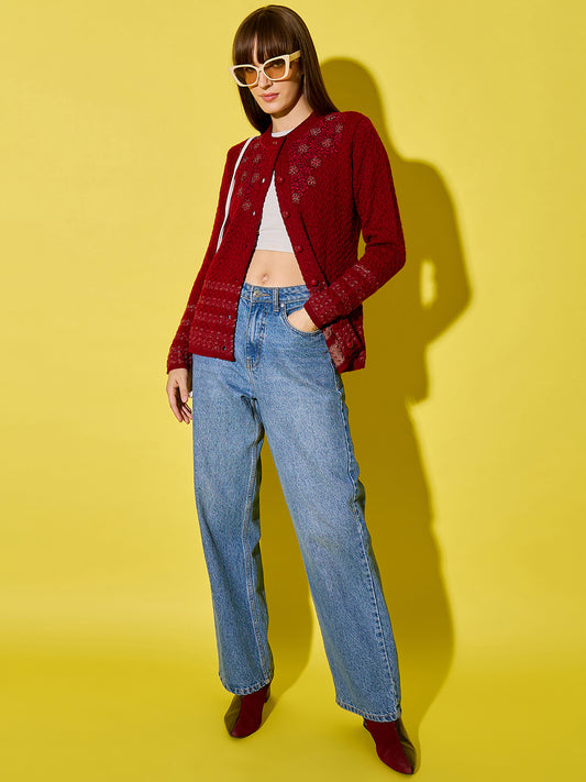 Embroidery Woolen Sleeveless Cardigan