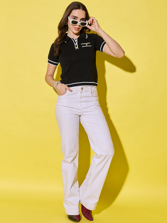 Women Striped Polo Neck With Pocket Pure Cotton T-Shirt Black