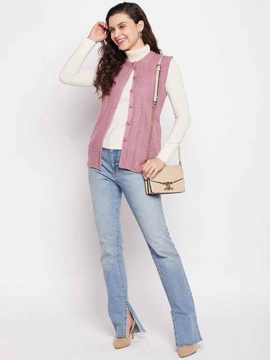 Wool Blend Round Neck Half Sleeve Peach cardigan