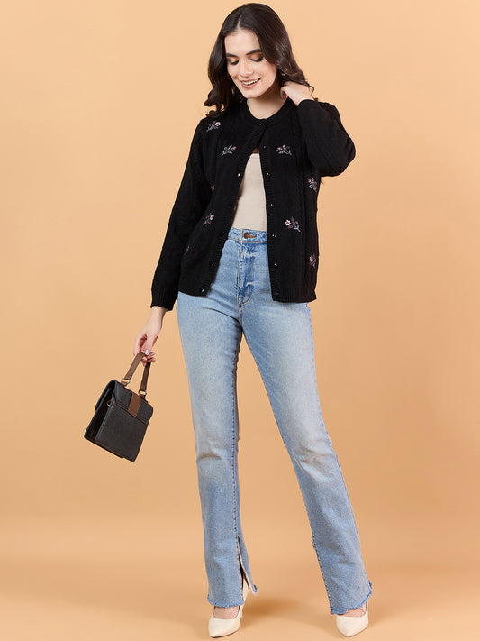 Clapton Floral Embroidered Full Sleeve Cardigan Sweaters for Women Girls Black