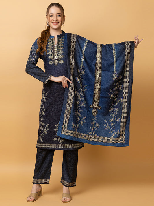 Clapton Pure Wool Winter Wear Embroidered Straight Kurta Pant With Dupatta Set Navy