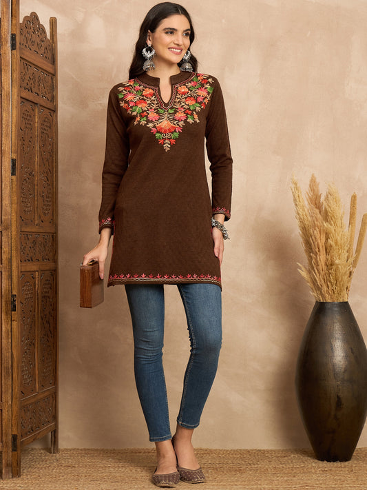 Women Multicolor Embroidered woolen Blend Kurta Maroon Winter Wear