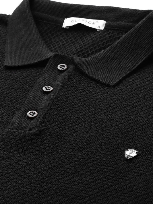 CLAPTON Men Knitted Textured Polo Collar T shirt Black