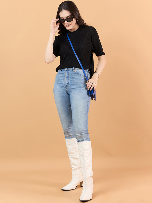 Ladies Short Sleeve Knitted cotton T Shirt solid Color Black