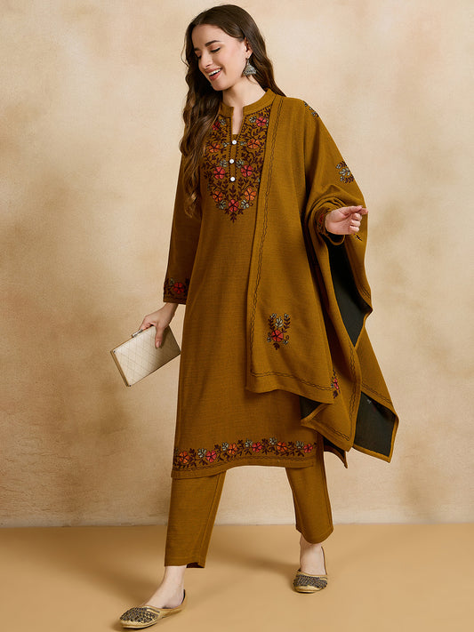 Clapton Embroidered Straight Kurta Pant With Dupatta Set Gold Mustard