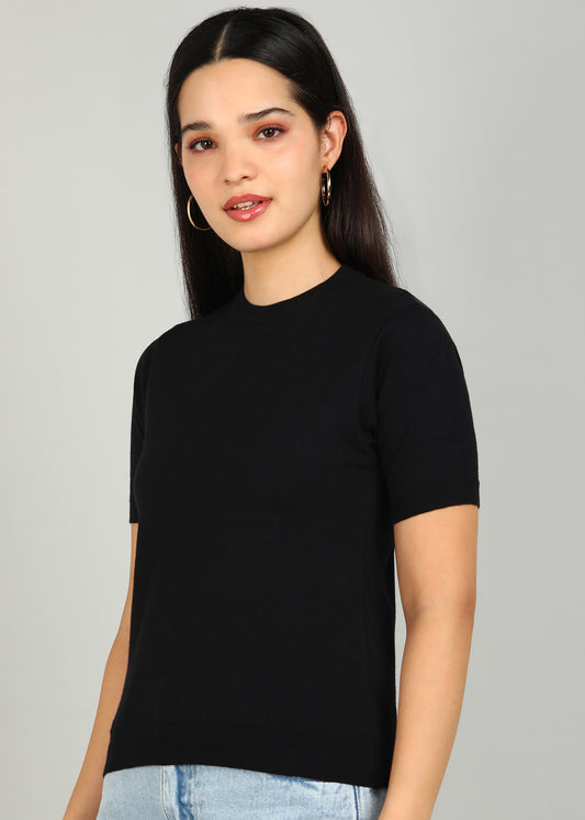 Women Solid Color Round Neck Half Sleeve Viscose T-Shirt Black