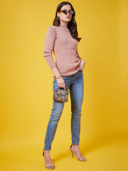Wool Blend Crew Neck Full Sleeve Pink Top