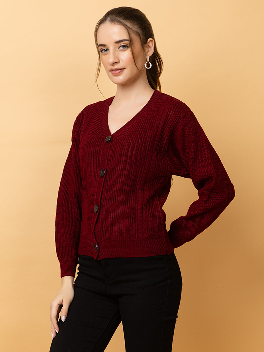 Clapton Women Maroon Self Knitted Cardigan