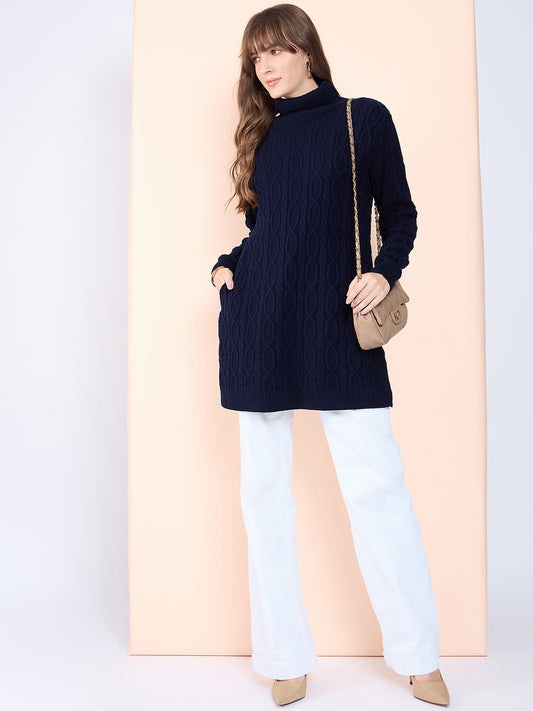 Clapton High Neck Cable Knitted Woolen Dress Navy