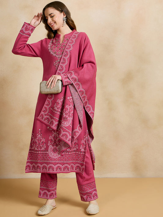 Clapton Embroidered Straight Kurta Pant With Dupatta Set Pink