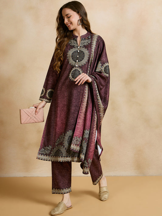 Clapton Printed Work Straight Kurta Pant With Dupatta Set Maroon