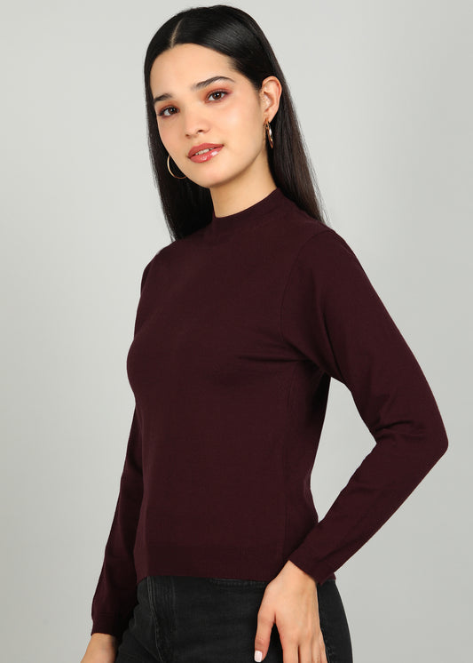 Women Solid Color Round Neck Viscose T-Shirt Wine