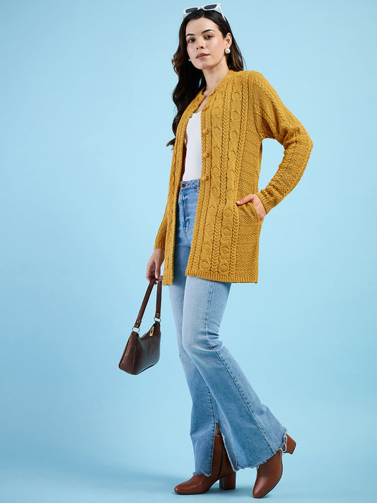 Clapton Cable Knit Design Woolen Longline Cardigan Sweater for women and Girls Gold