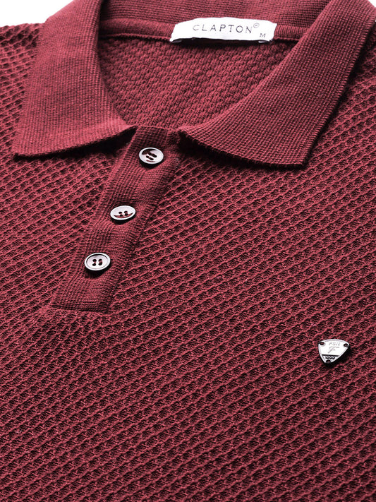CLAPTON Men Knitted Textured Polo Collar T shirt Maroon