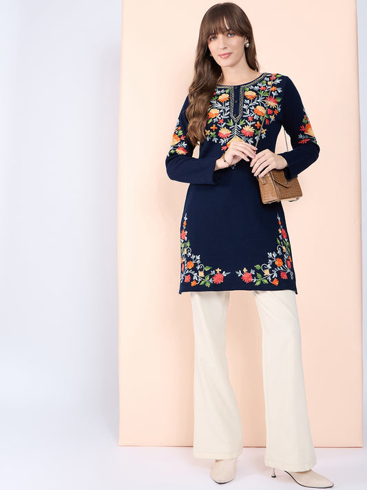Women Multicolor Embroidered woolen Blend Kurta Navy Blue Winter Wear