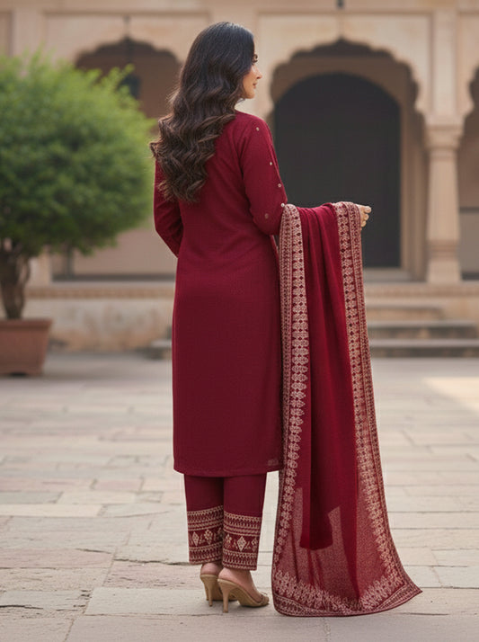 Embroidered wool blends for winter wear Straight-fit kurta with trousers and a dupatta (shawl) Black (Copy)