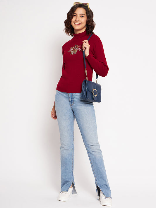 Wool Blend High Neck Mehroon Top With Embroidery