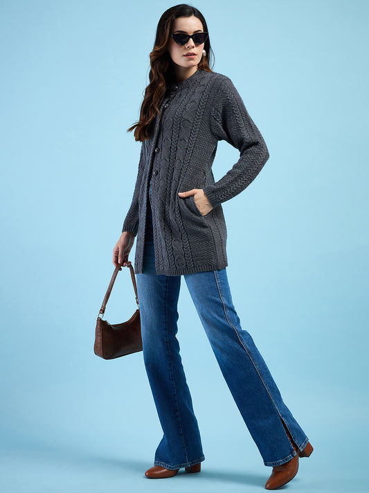 Clapton Cable Knit Design Woolen Longline Cardigan Sweater for women and Girls Dark Grey