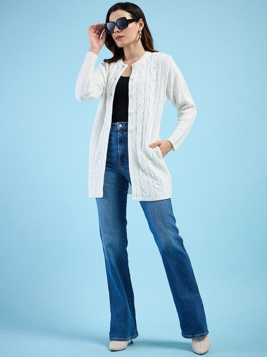 Clapton Cable Knit Design Woolen Longline Cardigan Sweater for women and Girls White