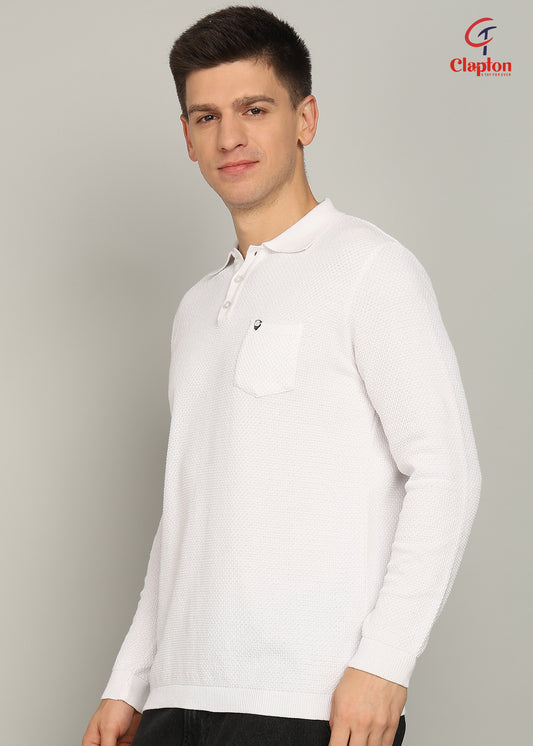 Clapton Men Knitted Cotton Summer Wear Round Neck Full Sleeve T-Shirt White