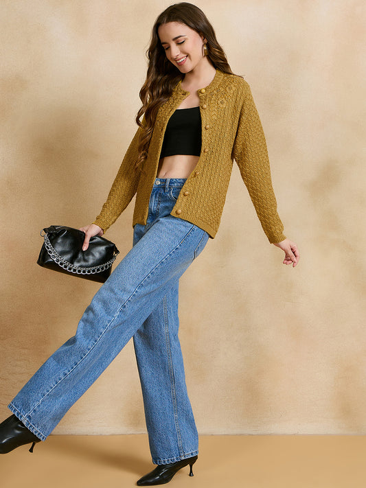 Clapton Floral Embroidered Knit Design Pure Wool Cardigan Gold