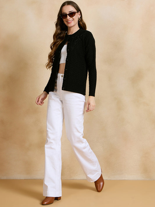 Clapton Floral Embroidered Knit Design Pure Wool Cardigan Black
