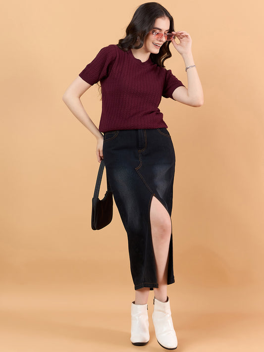 clapton Women Self knitted cotton Design T-shirt Maroon