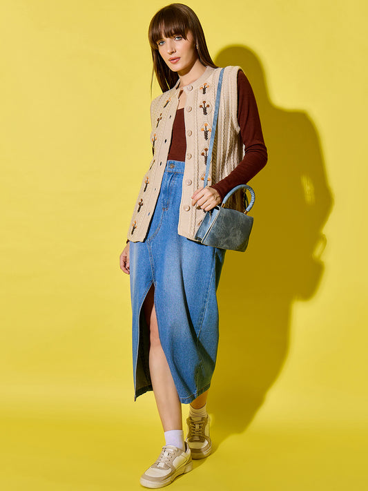 Embroidery Woolen Sleeveless Cardigan