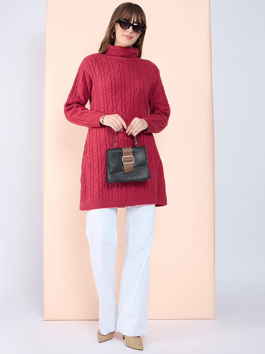 Clapton High Neck Cable Knitted Woolen Dress Rust