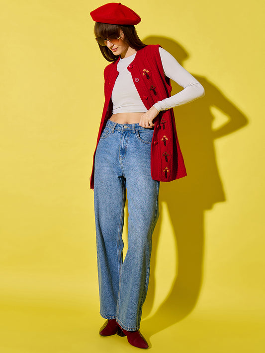 Embroidery Woolen Sleeveless Cardigan