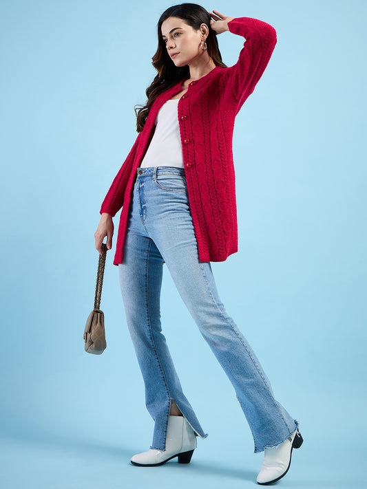 Clapton Cable Knit Design Woolen Longline Cardigan Sweater for women and Girls Red