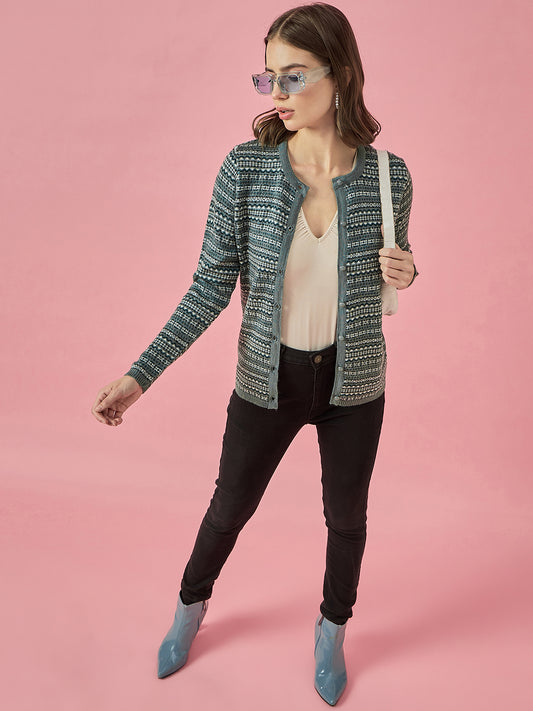 Women Steel Self Striped Round Neck Cardigan