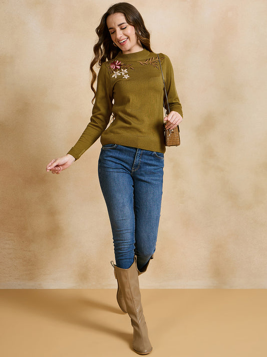 Floral Embroidered Array work Pullover Sweater for women Gold